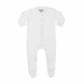 Larkwood's LW50T is a white baby onesie featuring long sleeves and snap buttons that run along the front and down to the legs.