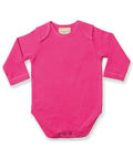 A long-sleeve baby onesie in bright pink featuring snap closures at the bottom, from the Larkwood LW52T collection.