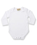 The LW52T onesie by Larkwood is a white, long-sleeve baby garment featuring a tag at the collar and snap buttons at the bottom.
