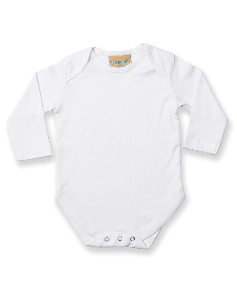 The LW52T onesie by Larkwood is a white, long-sleeve baby garment featuring a tag at the collar and snap buttons at the bottom.