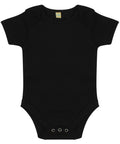 Larkwood LW55T black baby onesie featuring short sleeves and snap closures at the bottom.