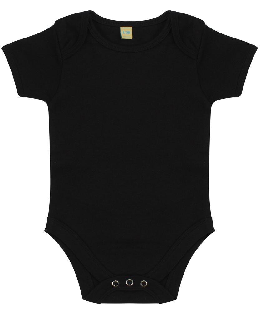 Larkwood LW55T black baby onesie featuring short sleeves and snap closures at the bottom.