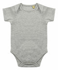 Gray Larkwood LW55T short-sleeve baby onesie with snap closures at the bottom, laid flat.