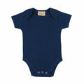Introducing the Larkwood LW55T, a navy blue short-sleeve baby onesie crafted from soft fabric. It features a round neck, shoulder flaps for easy dressing, and three snaps at the bottom for secure fastening.