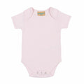 The Larkwood LW55T is a soft pink baby bodysuit with short sleeves and a round neckline, featuring snap closures at the bottom for easy fastening.