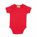 A vibrant red baby onesie with short sleeves, featuring three snap buttons at the bottom for easy fastening. The tag near the collar reads Larkwood. The fabric appears soft and comfortable.