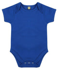The LW55T by Larkwood is a blue baby onesie featuring short sleeves and three snap buttons at the bottom.