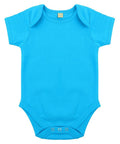 The LW55T baby onesie by Larkwood, featuring a vibrant blue color, short sleeves, and three snap buttons at the bottom, is laid flat against a white background.