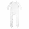 A plain white long-sleeve baby onesie from Larkwood, featuring footies and shoulder snap closures, model number LW650.