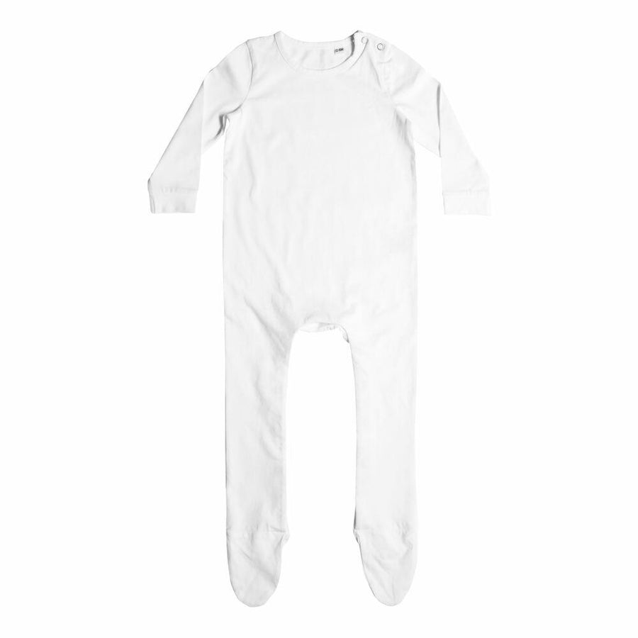 A plain white long-sleeve baby onesie from Larkwood, featuring footies and shoulder snap closures, model number LW650.