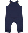 The Larkwood LW651 is a navy blue baby romper featuring sleeveless design, buttoned shoulder straps, and a front pocket.