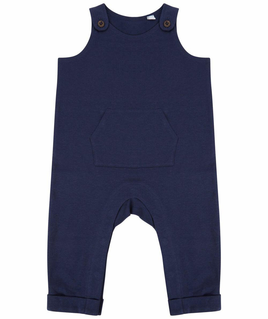 The Larkwood LW651 is a navy blue baby romper featuring sleeveless design, buttoned shoulder straps, and a front pocket.
