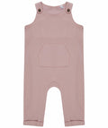 Larkwood's LW651 pink sleeveless baby romper features shoulder buttons and a front kangaroo pocket, showcased on a white background.
