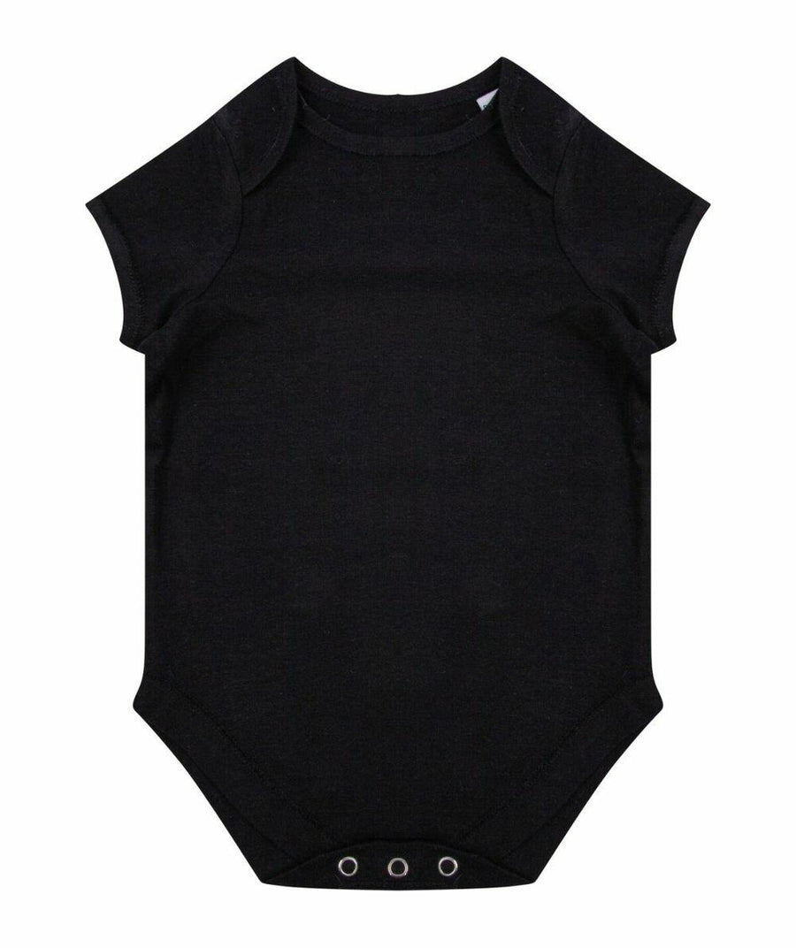 A short-sleeved black baby onesie with three snap buttons at the bottom from Larkwood, product code LW655.