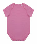Larkwood LW655 baby onesie in pink, featuring short sleeves and snap closures at the bottom.