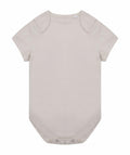 The Larkwood LW655 is a beige baby onesie featuring short sleeves and convenient snap buttons at the bottom.