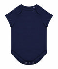 The Larkwood LW655 is a navy blue baby onesie featuring short sleeves and a round neckline, with snap buttons at the bottom for easy closure. It is displayed on a plain white background.