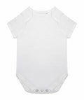 The LW655 by Larkwood is a plain white baby onesie with short sleeves, featuring a round neckline and three snap buttons at the bottom for easy fastening. It is showcased laid flat on a white background.
