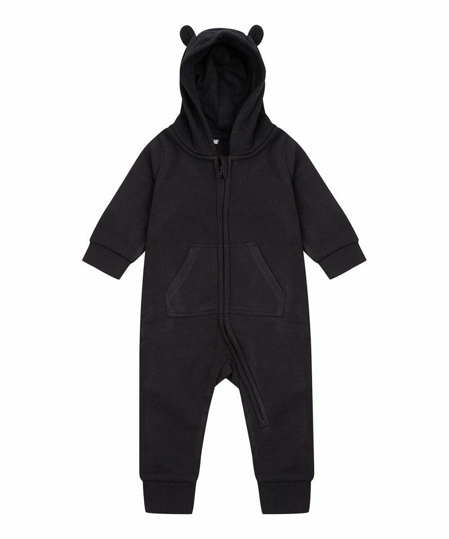 The LW70T by Larkwood is a black infant hooded onesie featuring a front zipper and small ears on the hood.