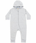 The Larkwood LW70T is a gray baby jumpsuit featuring a hood, front zipper, long sleeves, and pockets.