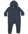 Larkwood LW70T dark blue baby onesie featuring a hoodie, front zipper, and pocket.