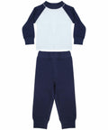 A children's outfit from the Larkwood brand, featuring the LW71T product: a long-sleeve shirt in white and navy, paired with matching navy pants.