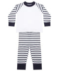 The Larkwood LW72T children's pajama set features a design with black and white horizontal stripes on the sleeves and pants, paired with a white top.