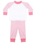 The Larkwood LW72T children's pajama set includes a white top with pink striped sleeves and pink cuffs, accompanied by matching pink and white striped pants.