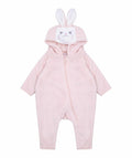 Larkwood's LW73T is a pink baby onesie with a bunny face and ears on the hood, featuring a front zipper.