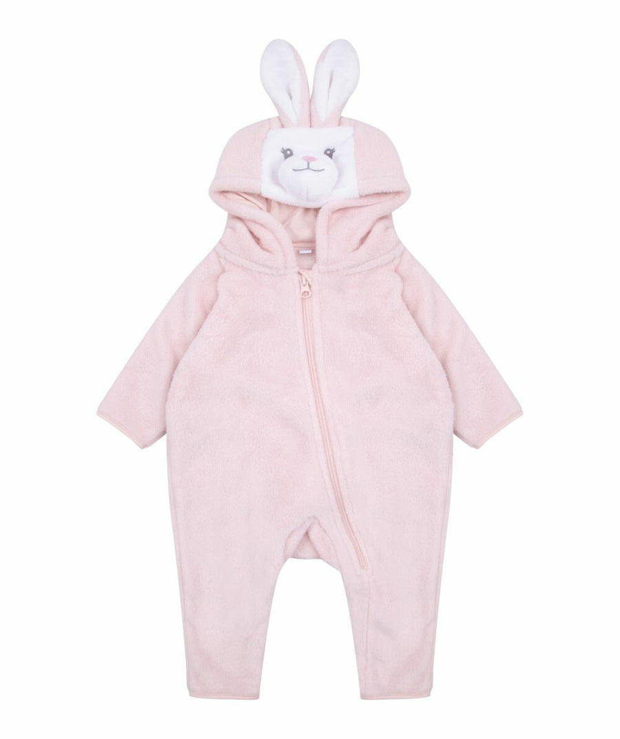 Larkwood's LW73T is a pink baby onesie with a bunny face and ears on the hood, featuring a front zipper.