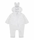 The Larkwood LW73T is a white baby onesie featuring adorable bunny ears and a bunny face design on the hood, complete with a front zipper closure.