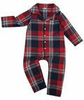 A Larkwood LW74T onesie featuring a red and black plaid design, long sleeves, and front buttons.