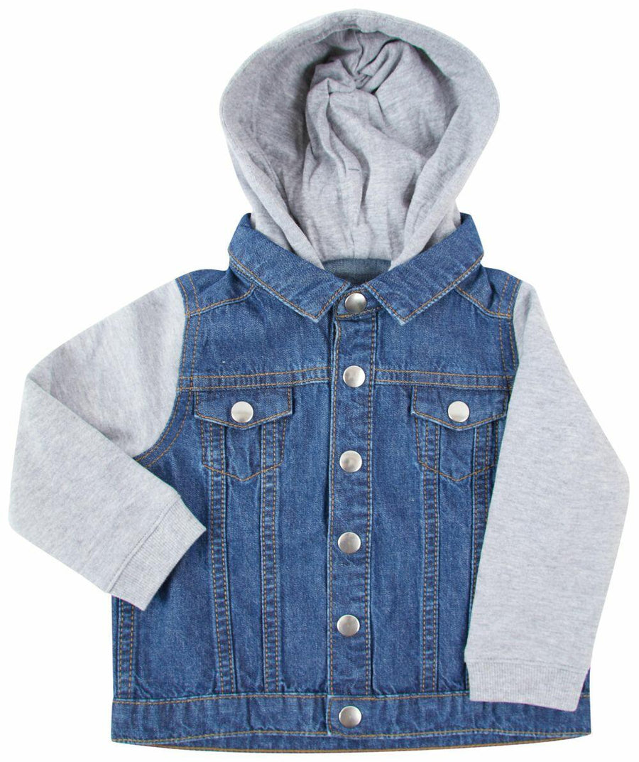 Introducing the Larkwood LW750: a stylish denim jacket complete with a gray hoodie and sleeves, adorned with metal buttons and featuring two convenient chest pockets.