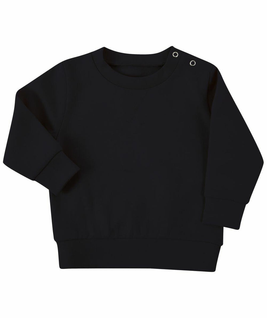 A plain black long-sleeve sweatshirt by Larkwood, featuring two button details on one shoulder, product name LW800.