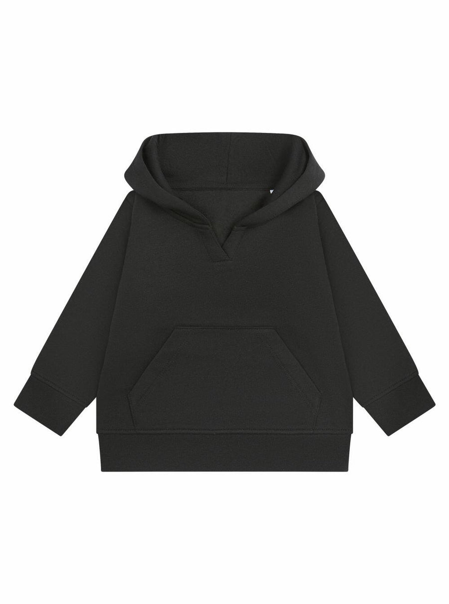 Larkwood LW802 black hooded sweatshirt featuring long sleeves and a front pouch pocket.