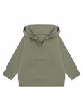 The LW802 by Larkwood is an olive green hoodie featuring a front pouch pocket, long sleeves, and a V-shaped neckline.