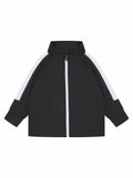 The LW820 by Larkwood is a black zip-up jacket featuring white stripes on the sleeves and a high collar.