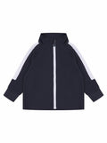 The LW820 jacket by Larkwood is black with a zip-up front, featuring white stripes along the sleeves and a high collar.
