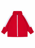 The Larkwood LW820 is a sporty red jacket featuring long sleeves with white stripes. It includes a high collar and a white zipper down the front, along with elastic cuffs on the sleeves for added comfort.