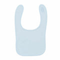 Introducing the Larkwood LW82T: a light blue baby bib featuring a rounded neckline and a simple design. It is equipped with a Velcro fastener on one end for easy attachment and is displayed laid flat against a white background.