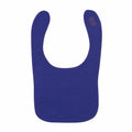 The LW82T baby bib by Larkwood is designed in blue with a simple and soft style. It features a rounded neck opening and secures with a Velcro patch, offering a smooth and comfortable feel for infants.