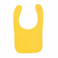 A vibrant yellow baby bib, LW82T by Larkwood, featuring a minimalist design and a Velcro fastener at the neck.