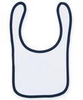 The Larkwood LW82T is a plain white baby bib with navy blue trim, showcasing a simple U-shape design. It is laid flat to highlight its sleek and minimalist appearance against a white background.