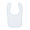 The LW82T by Larkwood is a plain white bib featuring light blue trim, displayed flat on a white background. It boasts a rounded neckline and extends downward to safeguard clothing from spills.