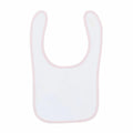 A plain white LW82T baby bib from Larkwood, featuring light pink trim, is laid flat on a white background. The bib showcases a simple, U-shaped design.