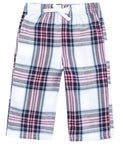 The LW83T by Larkwood are plaid pants featuring a pink, black, and white design, complemented by an elastic waistband and a white drawstring.