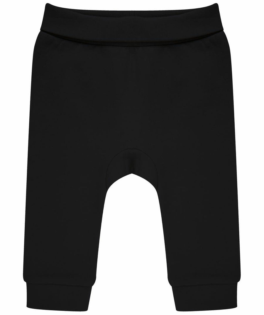Larkwood's LW850 baby pants in black feature an elastic waistband and cuffed legs, showcased against a white background.