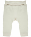 The LW850 baby pants from Larkwood are plain and cream-colored, featuring an elastic waistband and ribbed cuffs. The fabric looks soft and comfortable, making it ideal for infants. These pants have a simple design without any patterns or embellishments.
