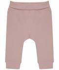 A pair of Larkwood LW850 baby pants in light pink, featuring an elastic waistband and ankle cuffs. The pants are displayed flat, showcasing the front view on a white background.