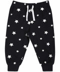 Larkwood LW85T children's pants in black, featuring a white star pattern and a white drawstring, with elastic cuffs at the ankles.